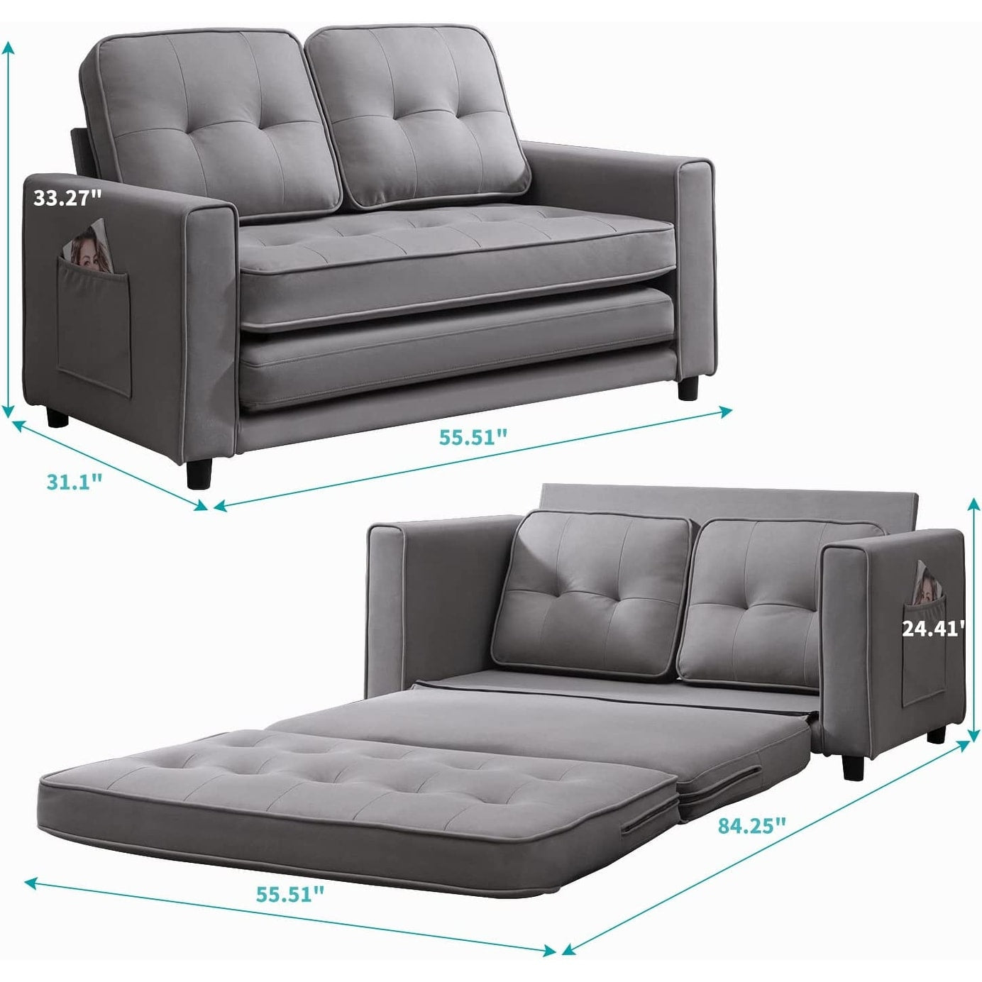Canapé-lit gigogne 3 en 1 Mixoy moderne avec matelas pliable en trois parties