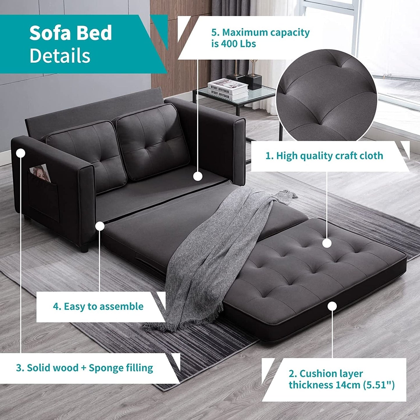 Canapé-lit gigogne 3 en 1 Mixoy moderne avec matelas pliable en trois parties