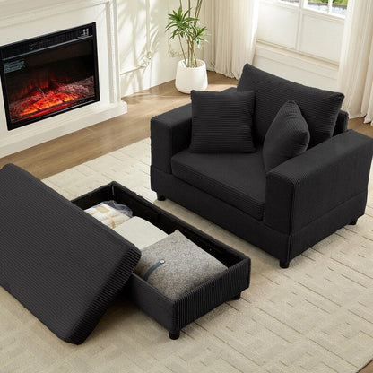 Canapé-lit confortable en velours côtelé Mixoy avec assise profonde et pouf de rangement, canapé-lit 1 place/causeuse rembourré