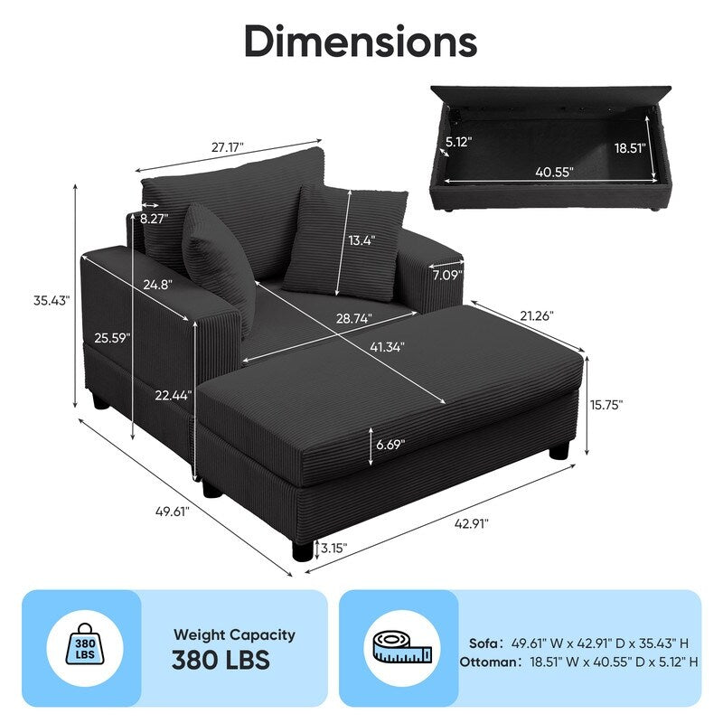 Canapé-lit confortable en velours côtelé Mixoy avec assise profonde et pouf de rangement, canapé-lit 1 place/causeuse rembourré