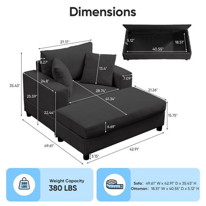 Canapé-lit confortable en velours côtelé Mixoy avec assise profonde et pouf de rangement, canapé-lit 1 place/causeuse rembourré