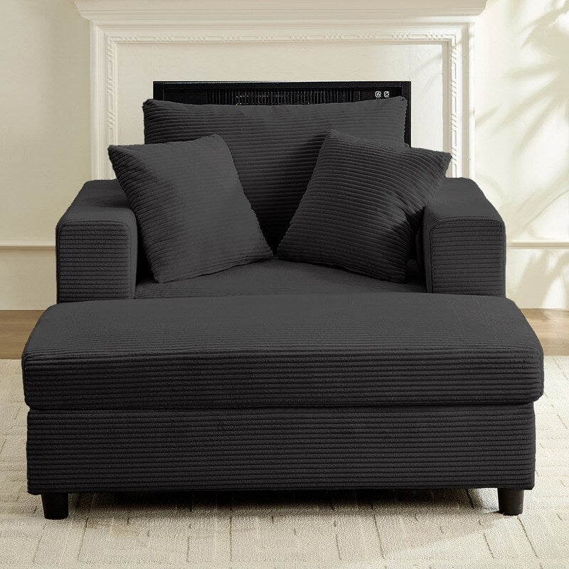 Canapé-lit confortable en velours côtelé Mixoy avec assise profonde et pouf de rangement, canapé-lit 1 place/causeuse rembourré