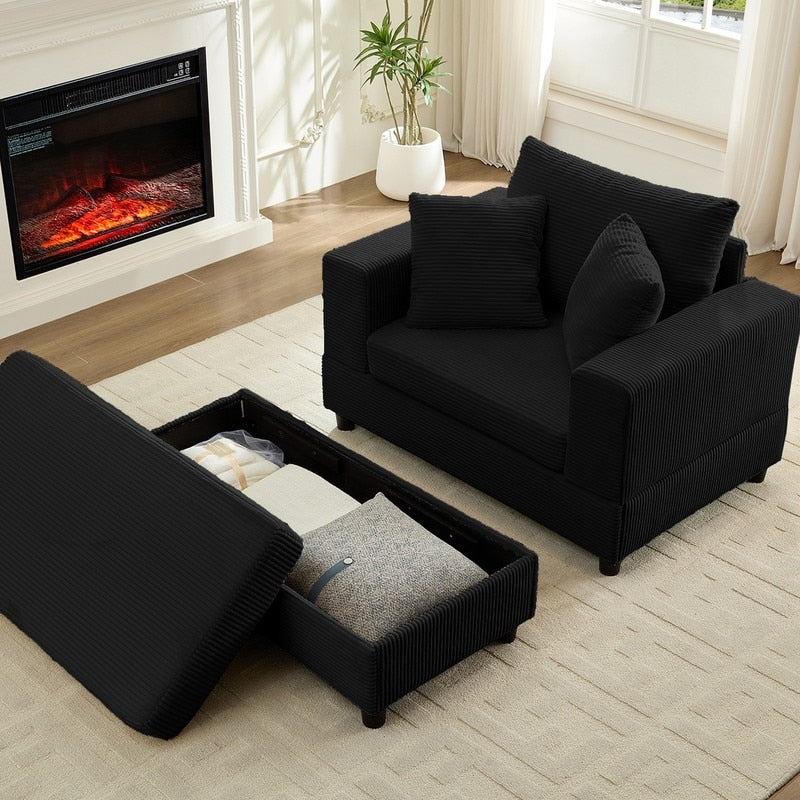 Canapé-lit confortable en velours côtelé Mixoy avec assise profonde et pouf de rangement, canapé-lit 1 place/causeuse rembourré