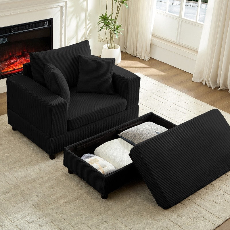Canapé-lit confortable en velours côtelé Mixoy avec assise profonde et pouf de rangement, canapé-lit 1 place/causeuse rembourré
