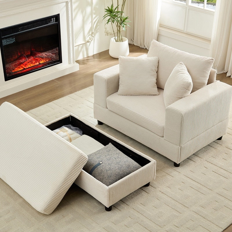Canapé-lit confortable en velours côtelé Mixoy avec assise profonde et pouf de rangement, canapé-lit 1 place/causeuse rembourré