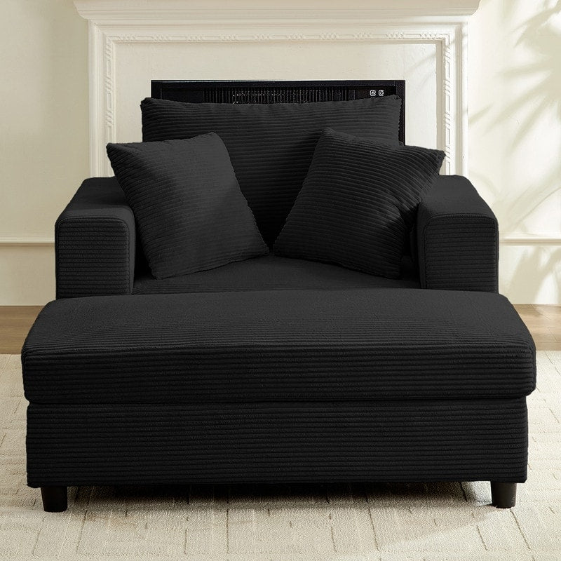 Canapé-lit confortable en velours côtelé Mixoy avec assise profonde et pouf de rangement, canapé-lit 1 place/causeuse rembourré