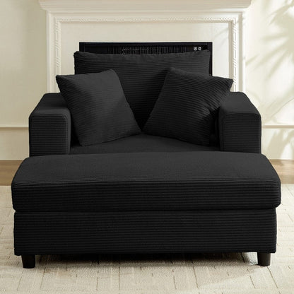 Canapé-lit confortable en velours côtelé Mixoy avec assise profonde et pouf de rangement, canapé-lit 1 place/causeuse rembourré