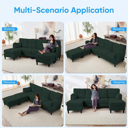 Canapé sectionnel convertible modulaire en U en velours côtelé Mixoy, canapé 4 places rembourré avec pouf amovible