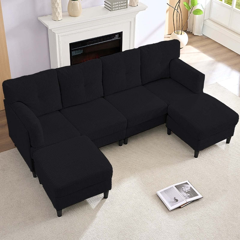 Canapé sectionnel convertible modulaire en U en velours côtelé Mixoy, canapé 4 places rembourré avec pouf amovible