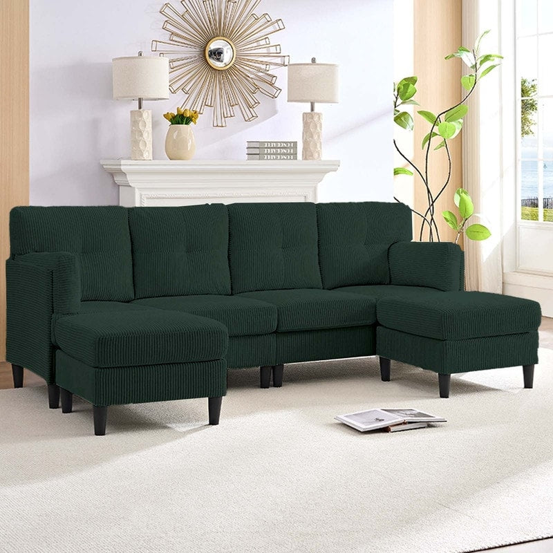 Canapé sectionnel convertible modulaire en U en velours côtelé Mixoy, canapé 4 places rembourré avec pouf amovible