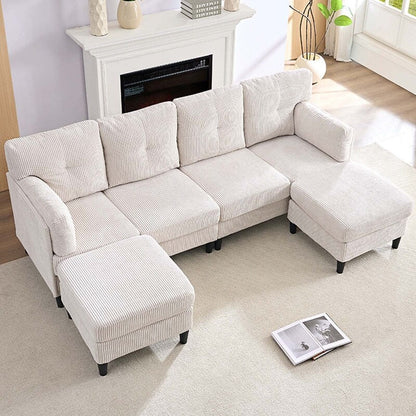 Canapé sectionnel convertible modulaire en U en velours côtelé Mixoy, canapé 4 places rembourré avec pouf amovible