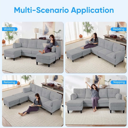 Canapé sectionnel convertible modulaire en U en velours côtelé Mixoy, canapé 4 places rembourré avec pouf amovible