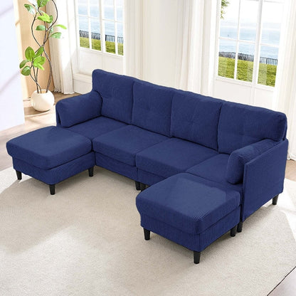 Canapé sectionnel convertible modulaire en U en velours côtelé Mixoy, canapé 4 places rembourré avec pouf amovible