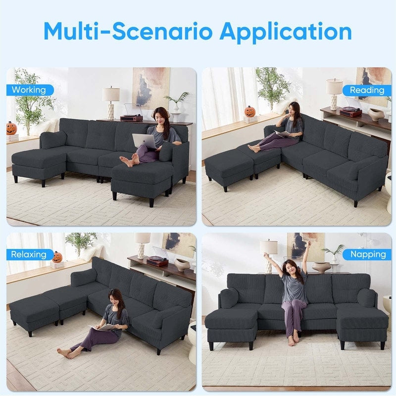 Canapé sectionnel convertible modulaire en U en velours côtelé Mixoy, canapé 4 places rembourré avec pouf amovible