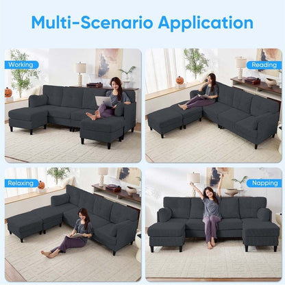 Canapé sectionnel convertible modulaire en U en velours côtelé Mixoy, canapé 4 places rembourré avec pouf amovible