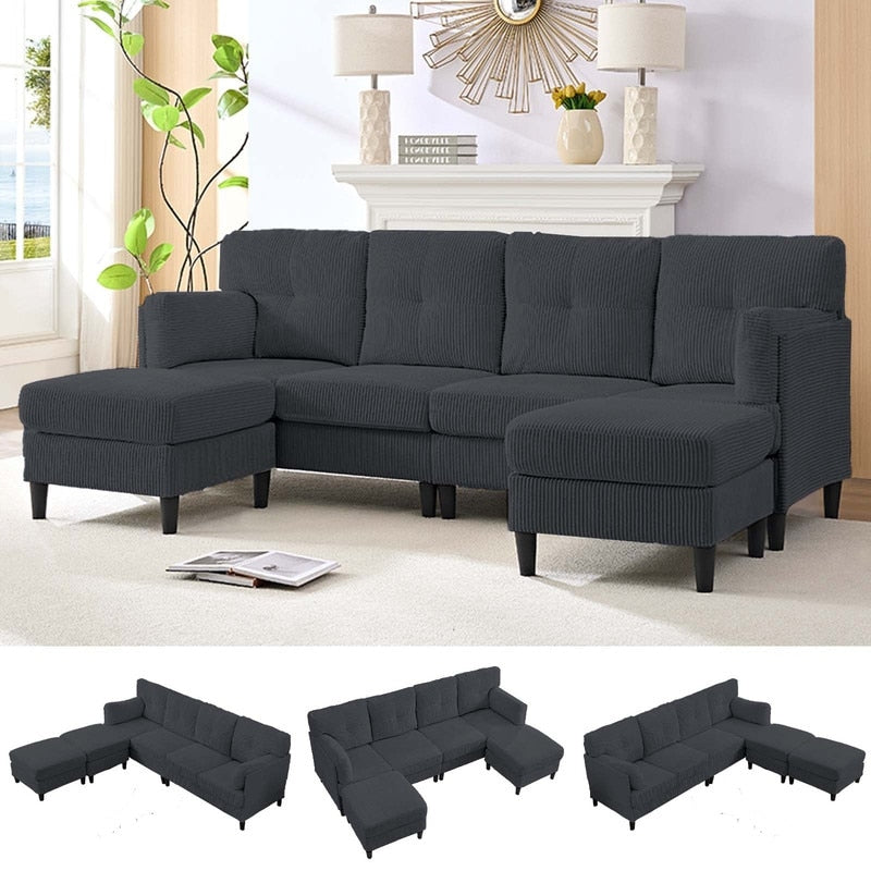 Canapé sectionnel convertible modulaire en U en velours côtelé Mixoy, canapé 4 places rembourré avec pouf amovible