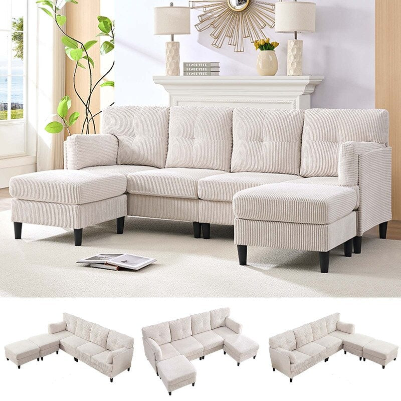 Canapé sectionnel convertible modulaire en U en velours côtelé Mixoy, canapé 4 places rembourré avec pouf amovible