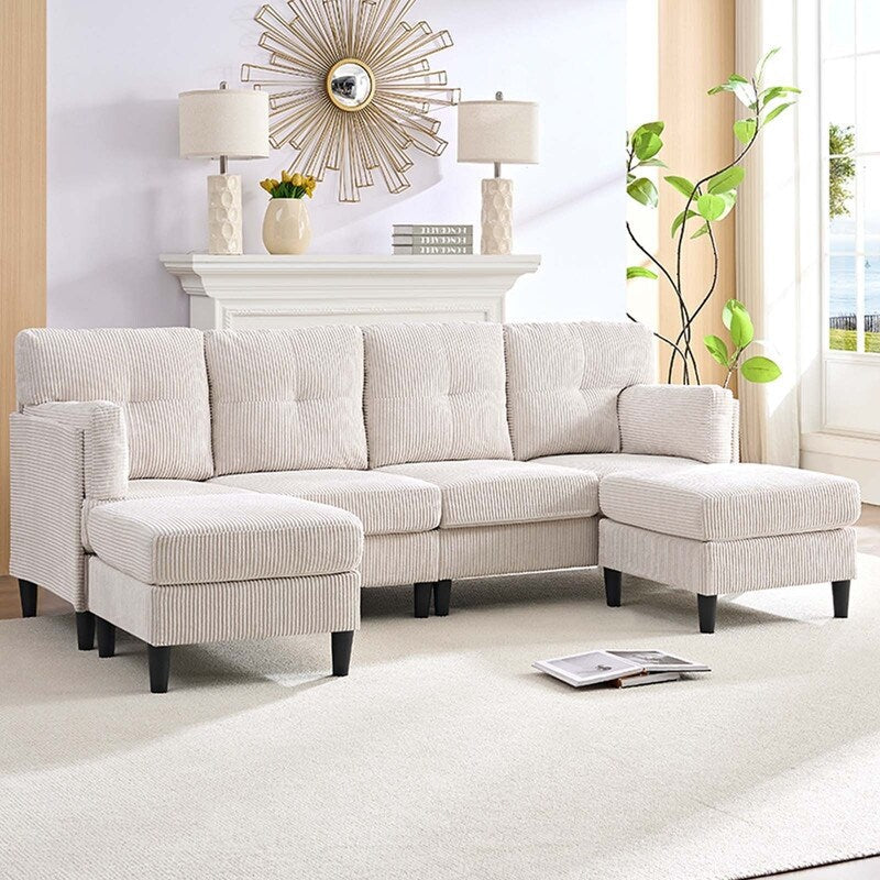Canapé sectionnel convertible modulaire en U en velours côtelé Mixoy, canapé 4 places rembourré avec pouf amovible