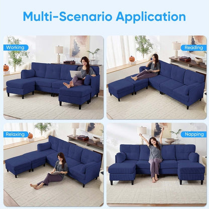 Canapé sectionnel convertible modulaire en U en velours côtelé Mixoy, canapé 4 places rembourré avec pouf amovible