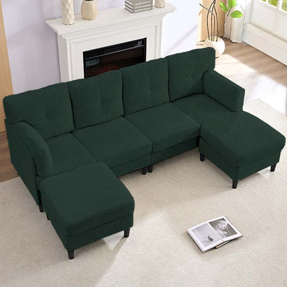 Canapé sectionnel convertible modulaire en U en velours côtelé Mixoy, canapé 4 places rembourré avec pouf amovible