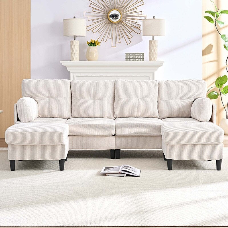 Canapé sectionnel convertible modulaire en U en velours côtelé Mixoy, canapé 4 places rembourré avec pouf amovible