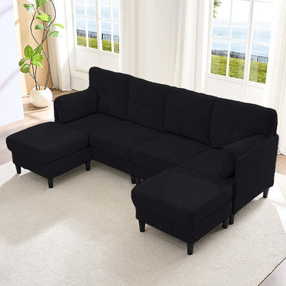Canapé sectionnel convertible modulaire en U en velours côtelé Mixoy, canapé 4 places rembourré avec pouf amovible