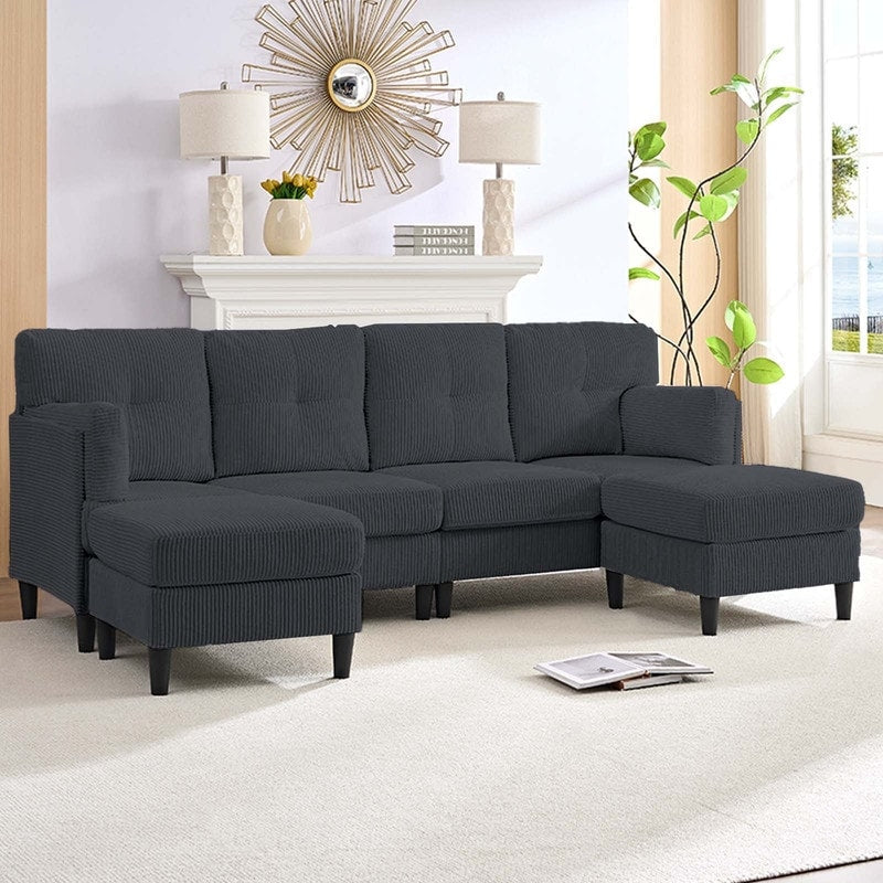 Canapé sectionnel convertible modulaire en U en velours côtelé Mixoy, canapé 4 places rembourré avec pouf amovible