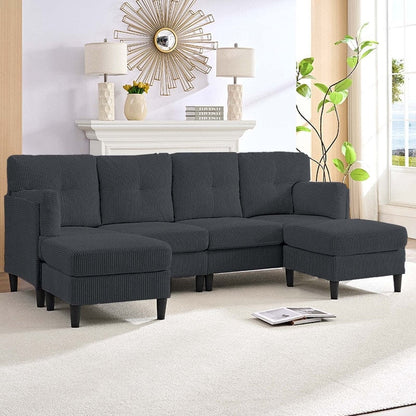 Canapé sectionnel convertible modulaire en U en velours côtelé Mixoy, canapé 4 places rembourré avec pouf amovible