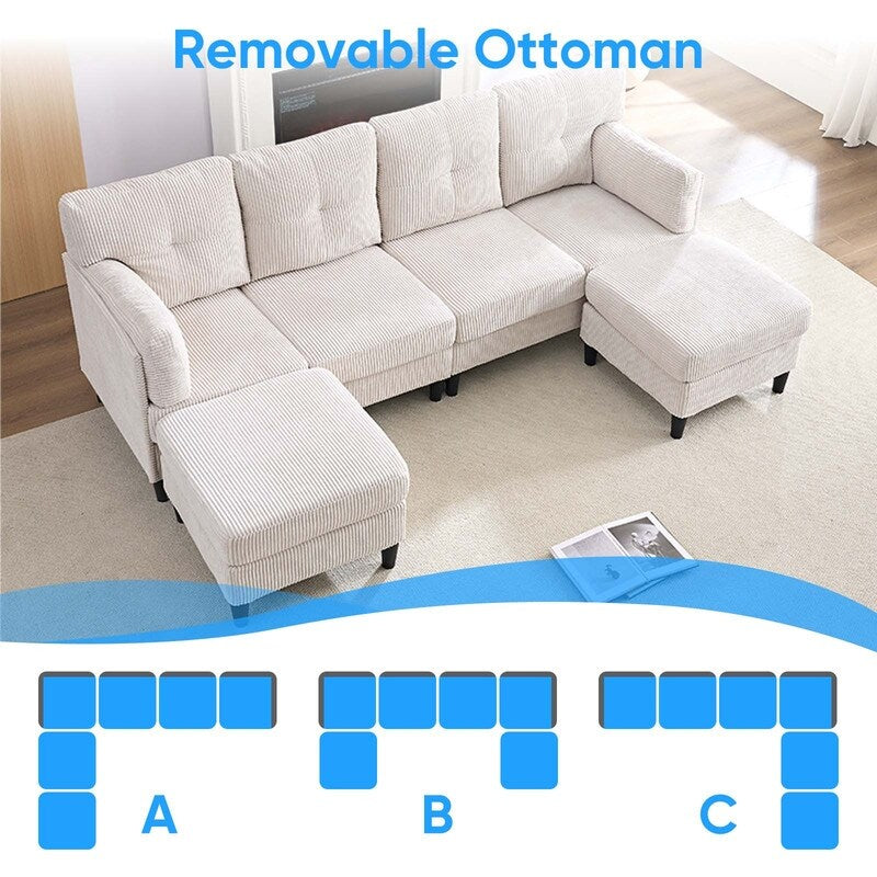 Canapé sectionnel convertible modulaire en U en velours côtelé Mixoy, canapé 4 places rembourré avec pouf amovible