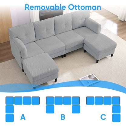 Canapé sectionnel convertible modulaire en U en velours côtelé Mixoy, canapé 4 places rembourré avec pouf amovible