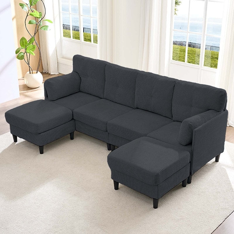 Canapé sectionnel convertible modulaire en U en velours côtelé Mixoy, canapé 4 places rembourré avec pouf amovible