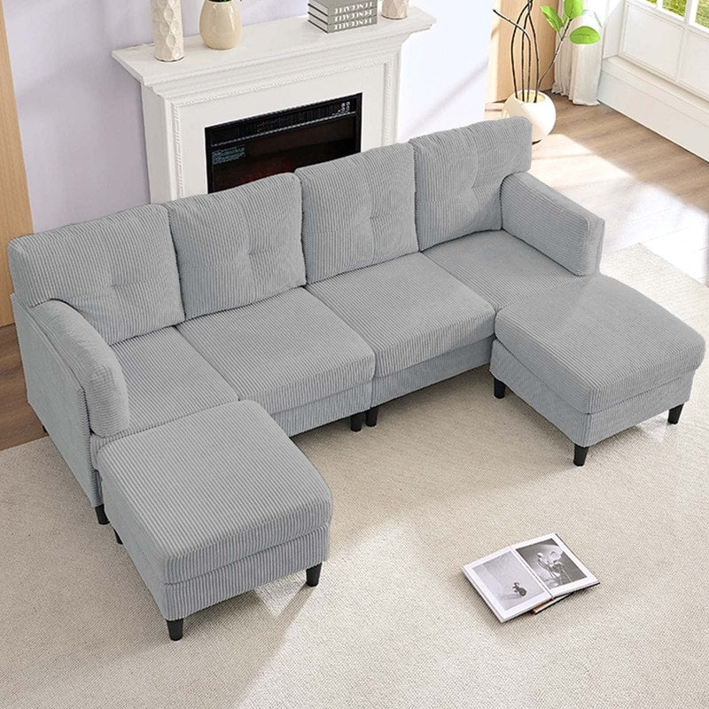Canapé sectionnel convertible modulaire en U en velours côtelé Mixoy, canapé 4 places rembourré avec pouf amovible
