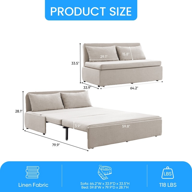 Canapé-lit Mixoy Full/Queen Size, canapé-lit convertible 2 en 1 en lin 1 place/causeuse avec coussins