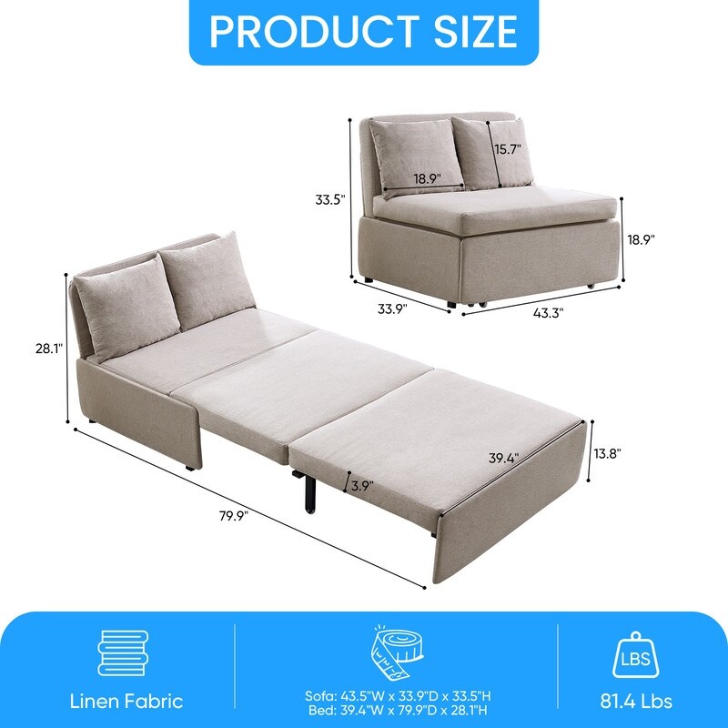 Canapé-lit Mixoy Full/Queen Size, canapé-lit convertible 2 en 1 en lin 1 place/causeuse avec coussins