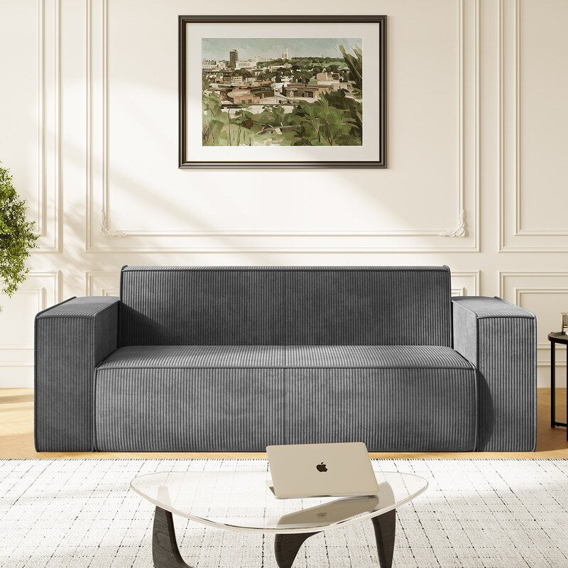 Canapé 2 places en velours moderne Mixoy, sans pieds et avec accoudoirs élargis, rembourré pour le salon