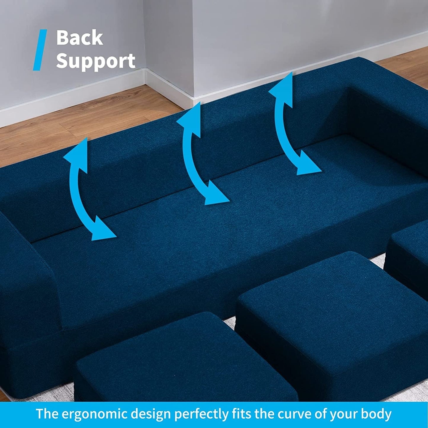 Canapé-lit futon convertible en velours Mixoy Queen avec 3 poufs, mousse à mémoire de forme, matelas pliable