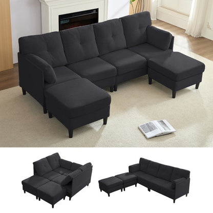 Canapé sectionnel Mixoy W87 en U, canapé convertible 4 places en velours avec poufs de rangement amovibles