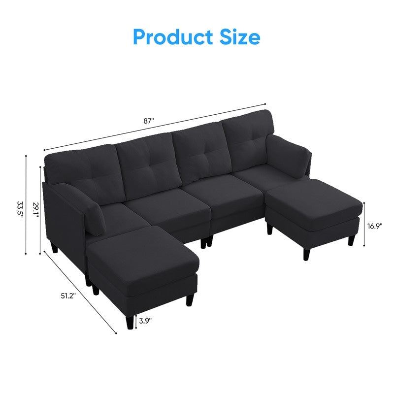 Canapé sectionnel Mixoy W87 en U, canapé convertible 4 places en velours avec poufs de rangement amovibles