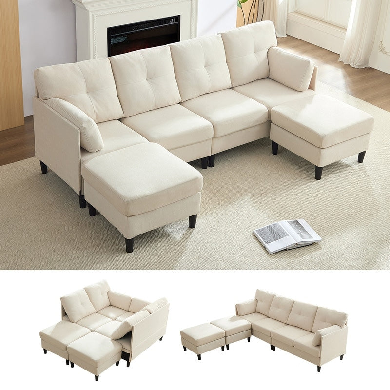 Canapé sectionnel Mixoy W87 en U, canapé convertible 4 places en velours avec poufs de rangement amovibles