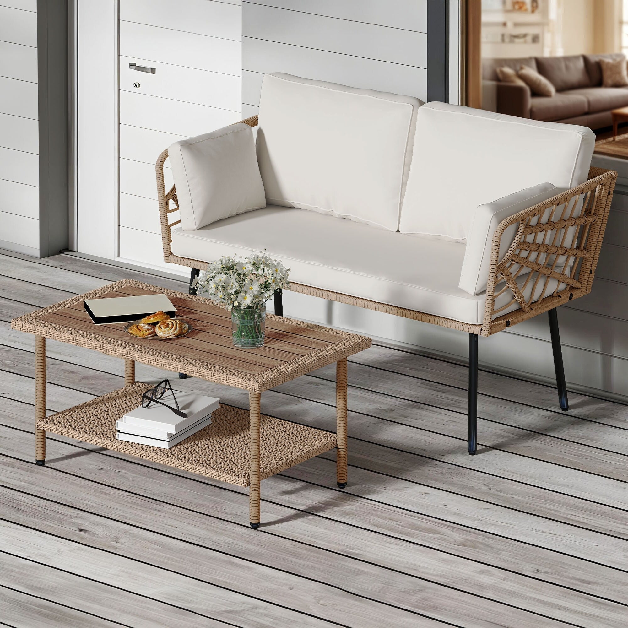 Ensemble de meubles de patio 2 pièces Moasis, causeuse en rotin et osier avec table basse