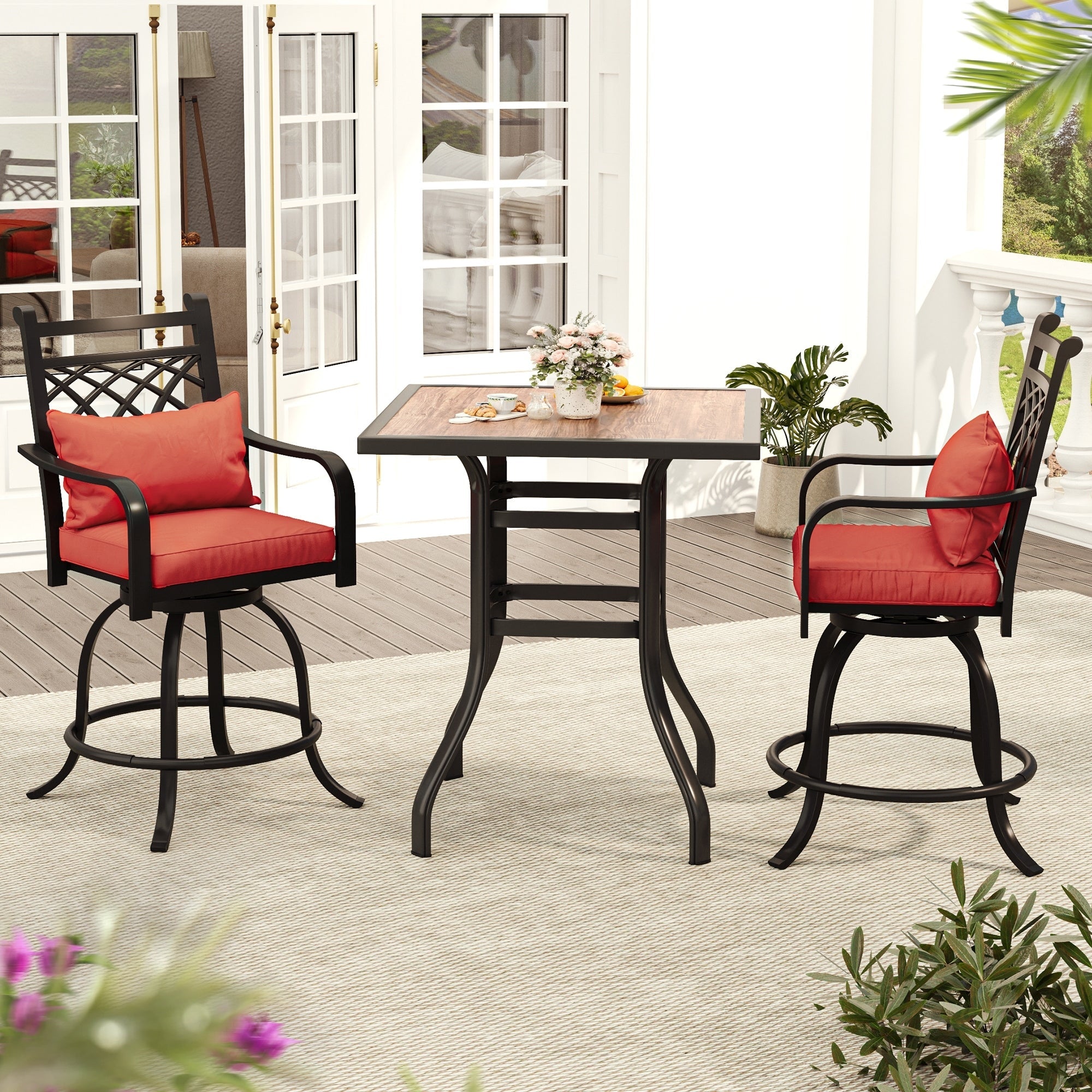 Ensemble de salle à manger d'extérieur pivotant avec chaises coussinées de 29 W et table de patio