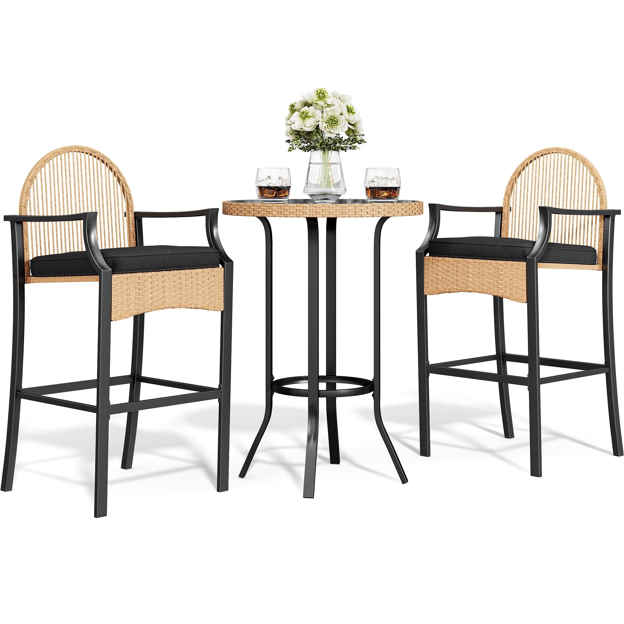 Ensemble bistrot d'extérieur 3 pièces en osier Moasis avec coussins moelleux
