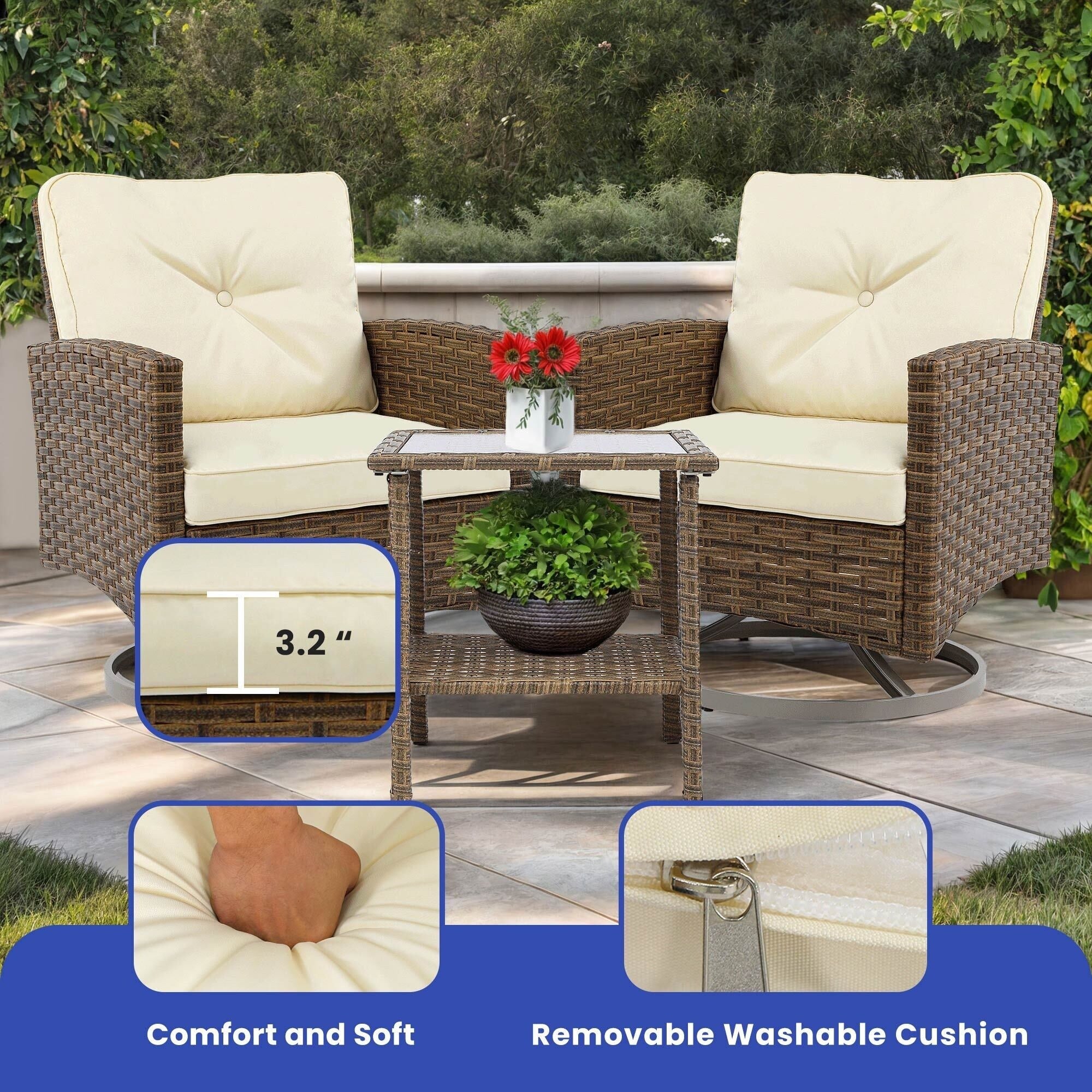 Chaise pivotante d'extérieur en osier Moasis, 3 pièces