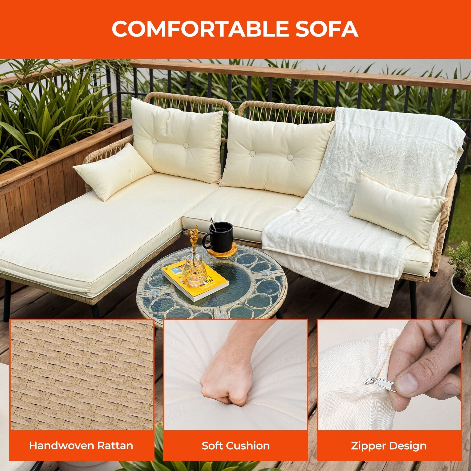 Ensemble de meubles de jardin en osier 3 pièces Moasis, canapé sectionnel en rotin en forme de L amovible avec coussins - 70,5 L x 48,4 l x 32,7 H