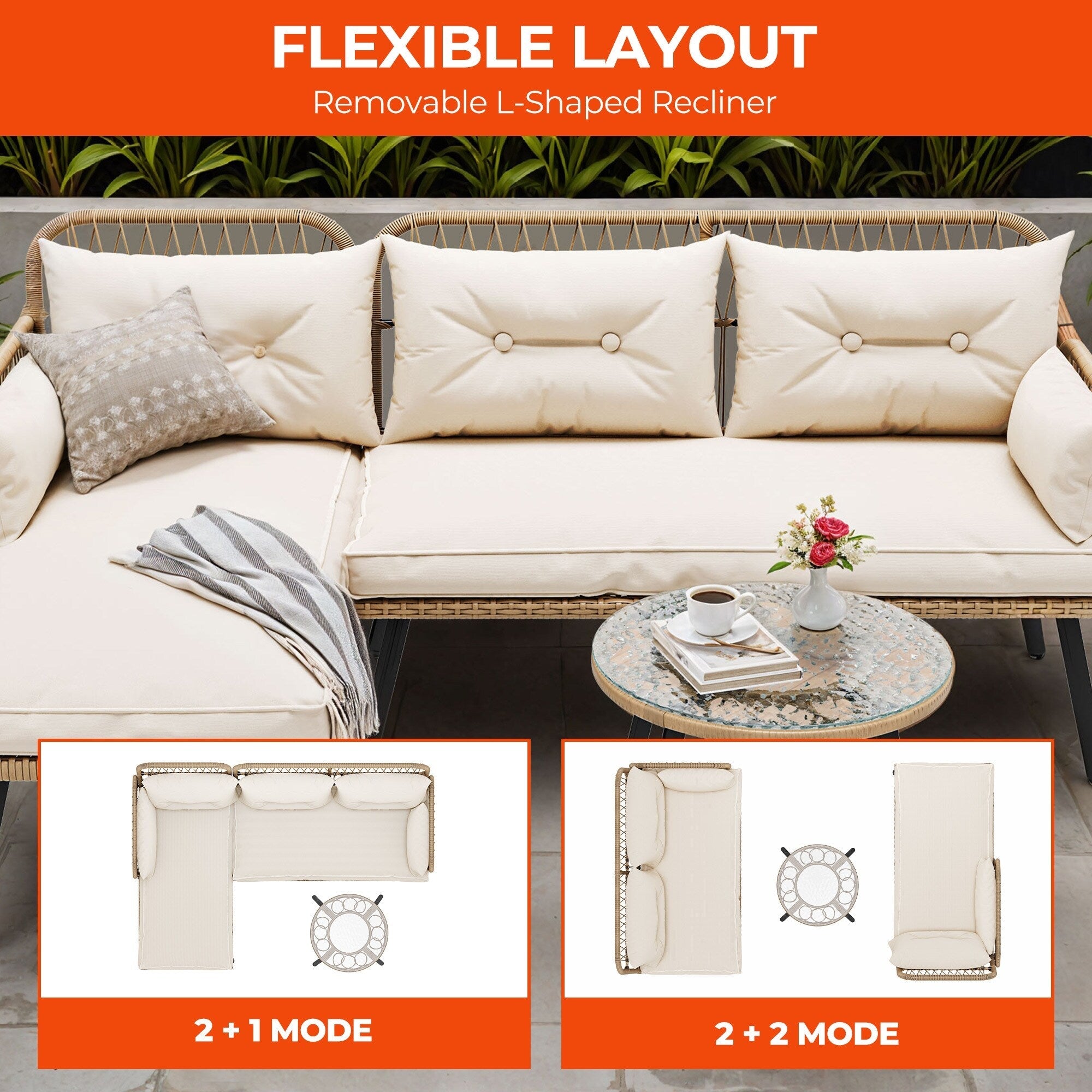 Ensemble de meubles de jardin en osier 3 pièces Moasis, canapé sectionnel en rotin en forme de L amovible avec coussins - 70,5 L x 48,4 l x 32,7 H