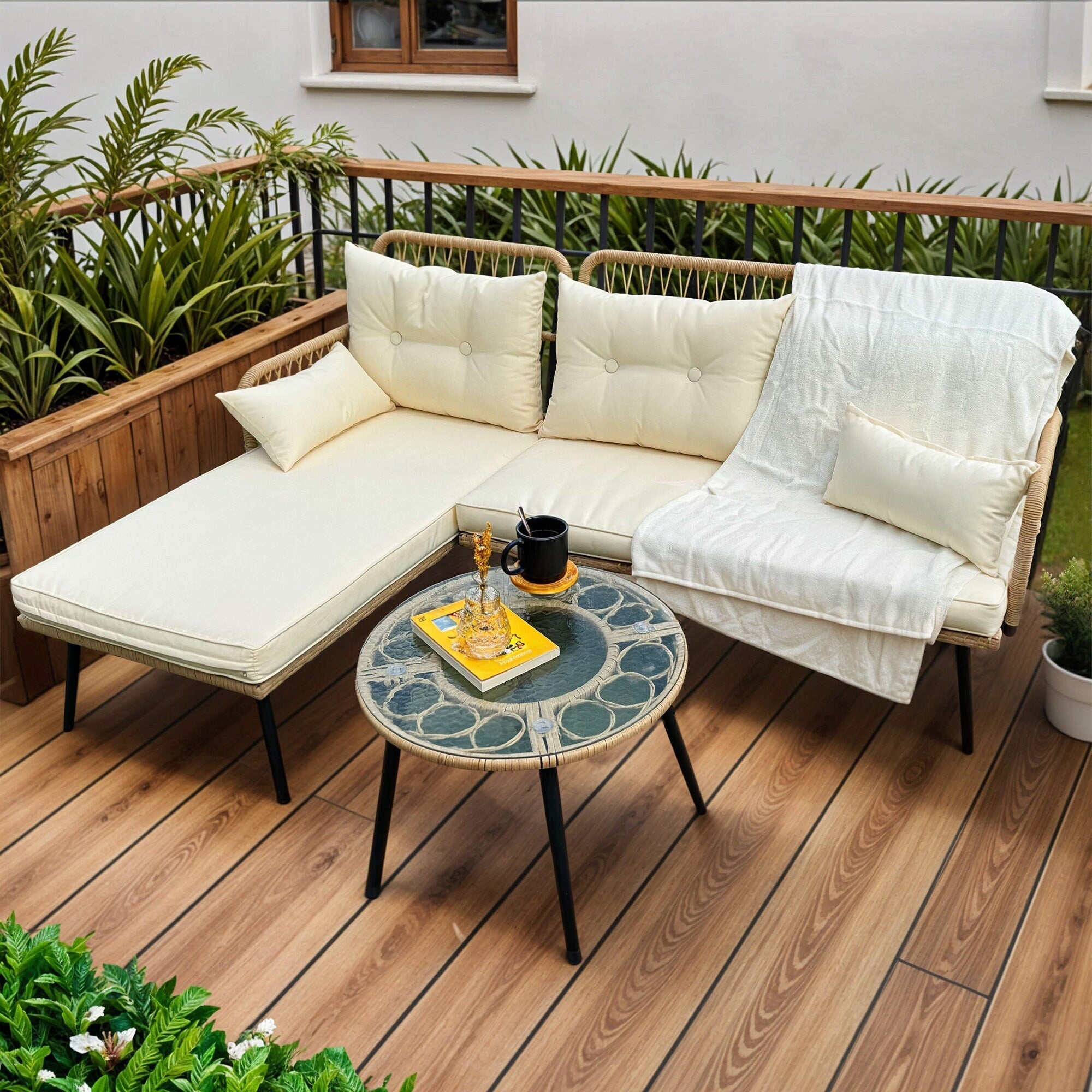 Ensemble de meubles de jardin en osier 3 pièces Moasis, canapé sectionnel en rotin en forme de L amovible avec coussins - 70,5 L x 48,4 l x 32,7 H