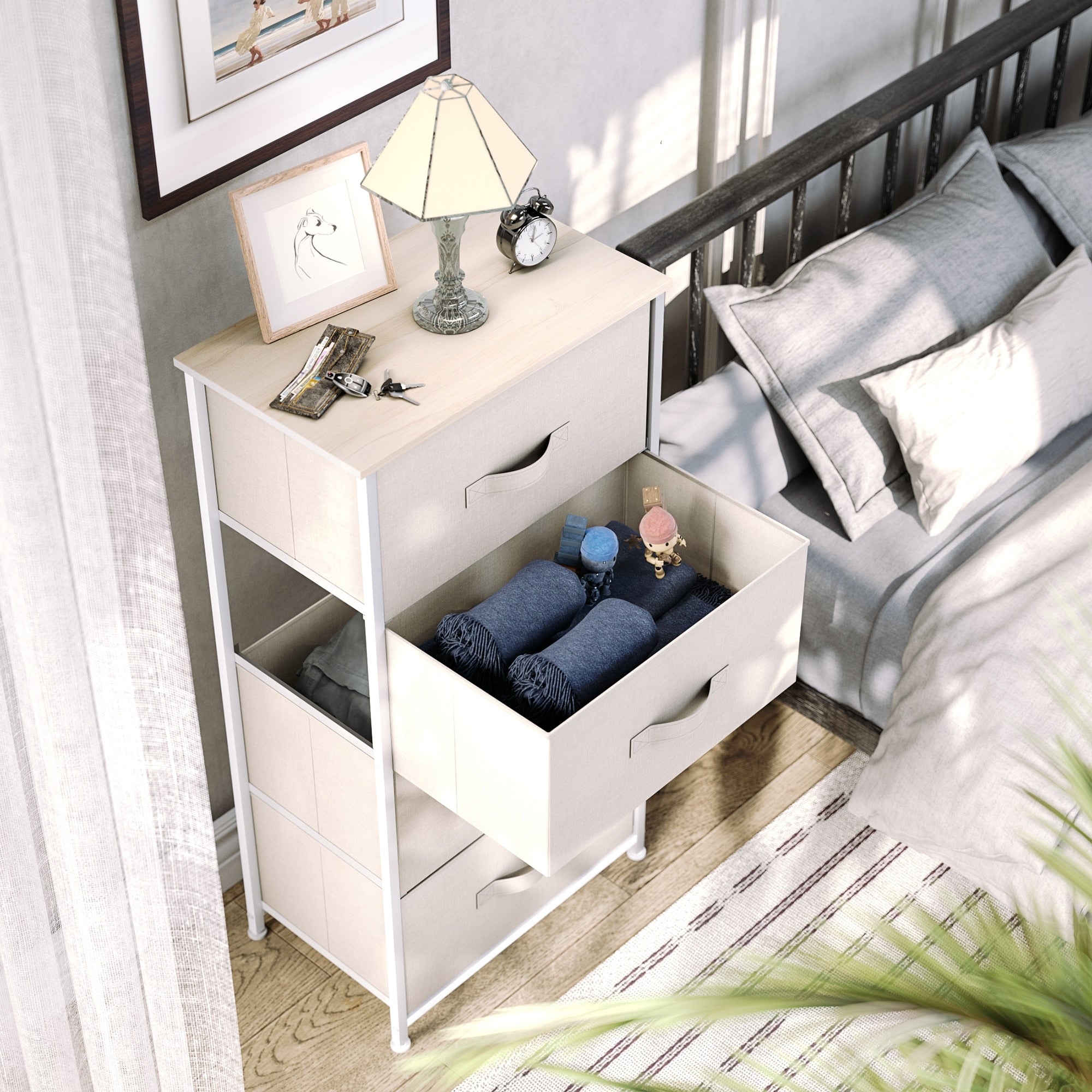 Commode moderne en tissu à 4/8/10 tiroirs avec plateau en bois