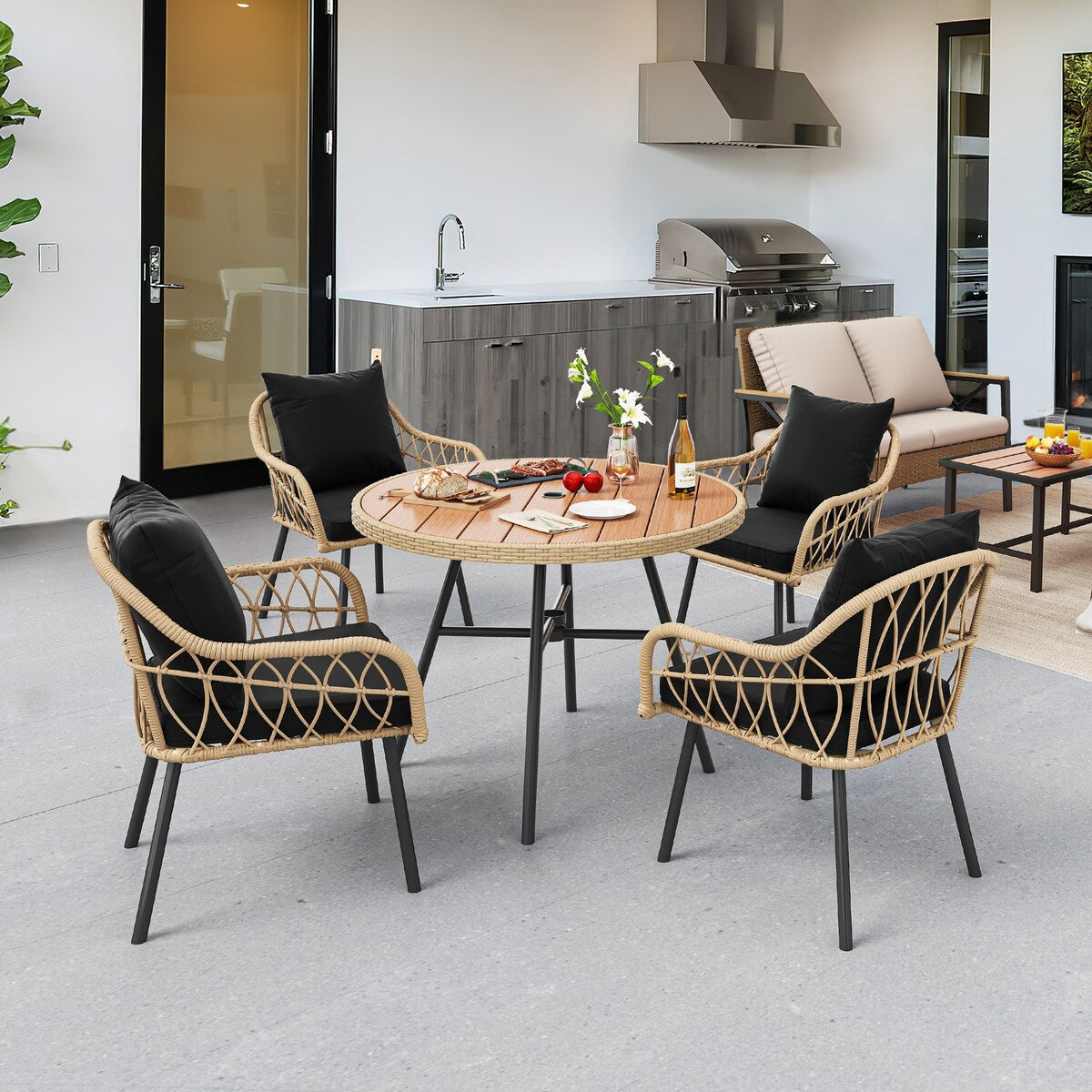 Ensemble bistrot de patio Moasis pour 4 personnes, ensemble de table à manger en osier