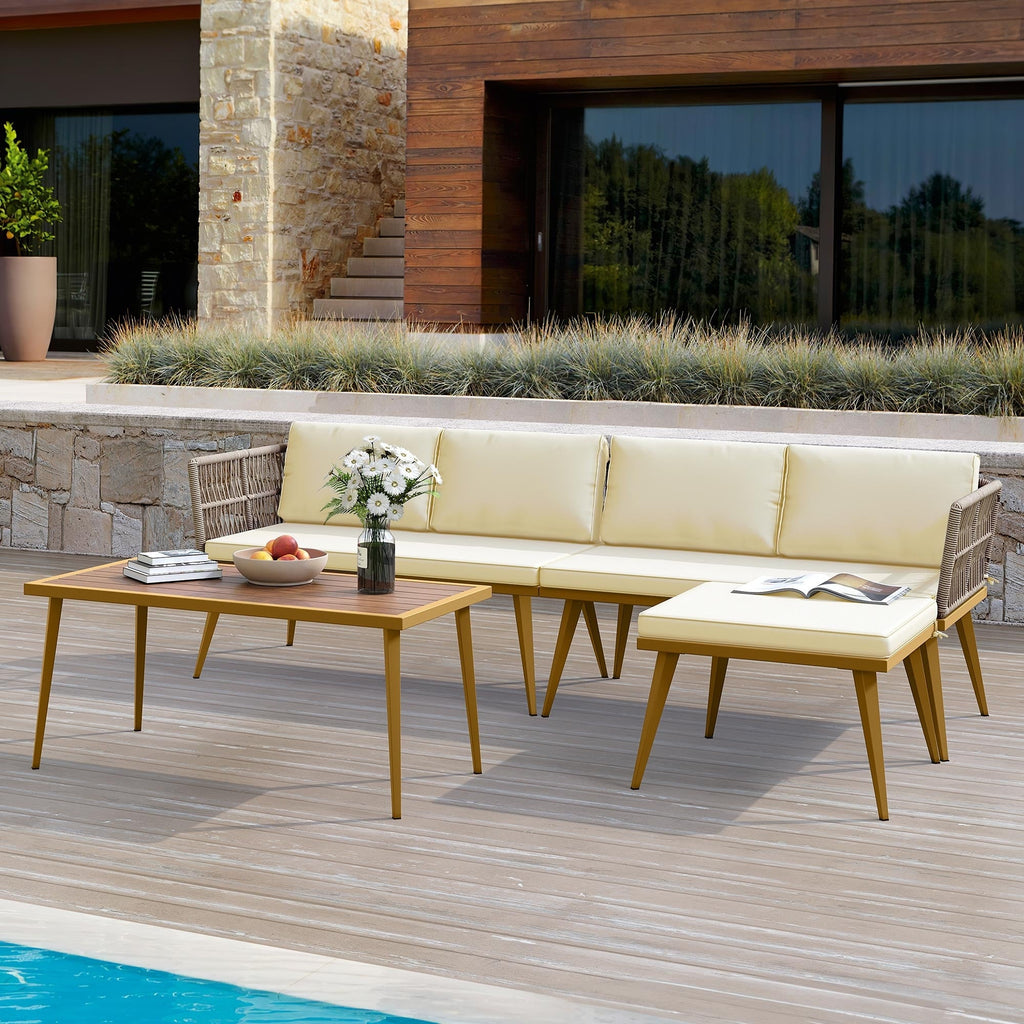Ensemble de conversation pour patio extérieur Moasis 4 pièces, canapé sectionnel en osier en forme de L avec coussins et table d'appoint
