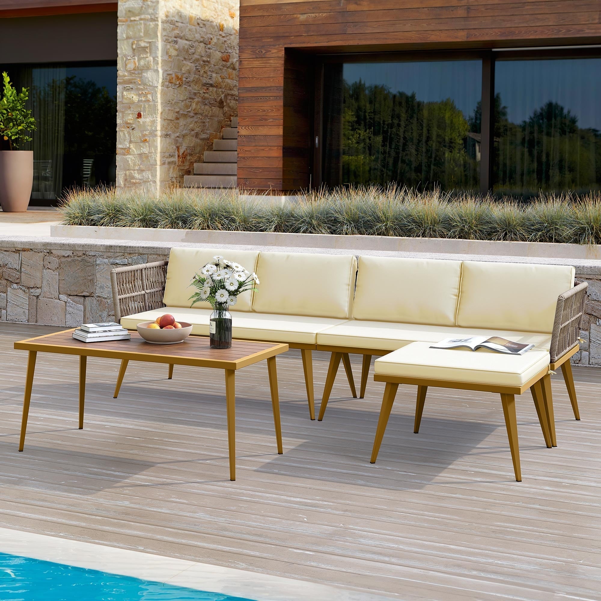Ensemble de conversation pour patio extérieur Moasis 4 pièces, canapé sectionnel en osier en forme de L avec coussins et table d'appoint